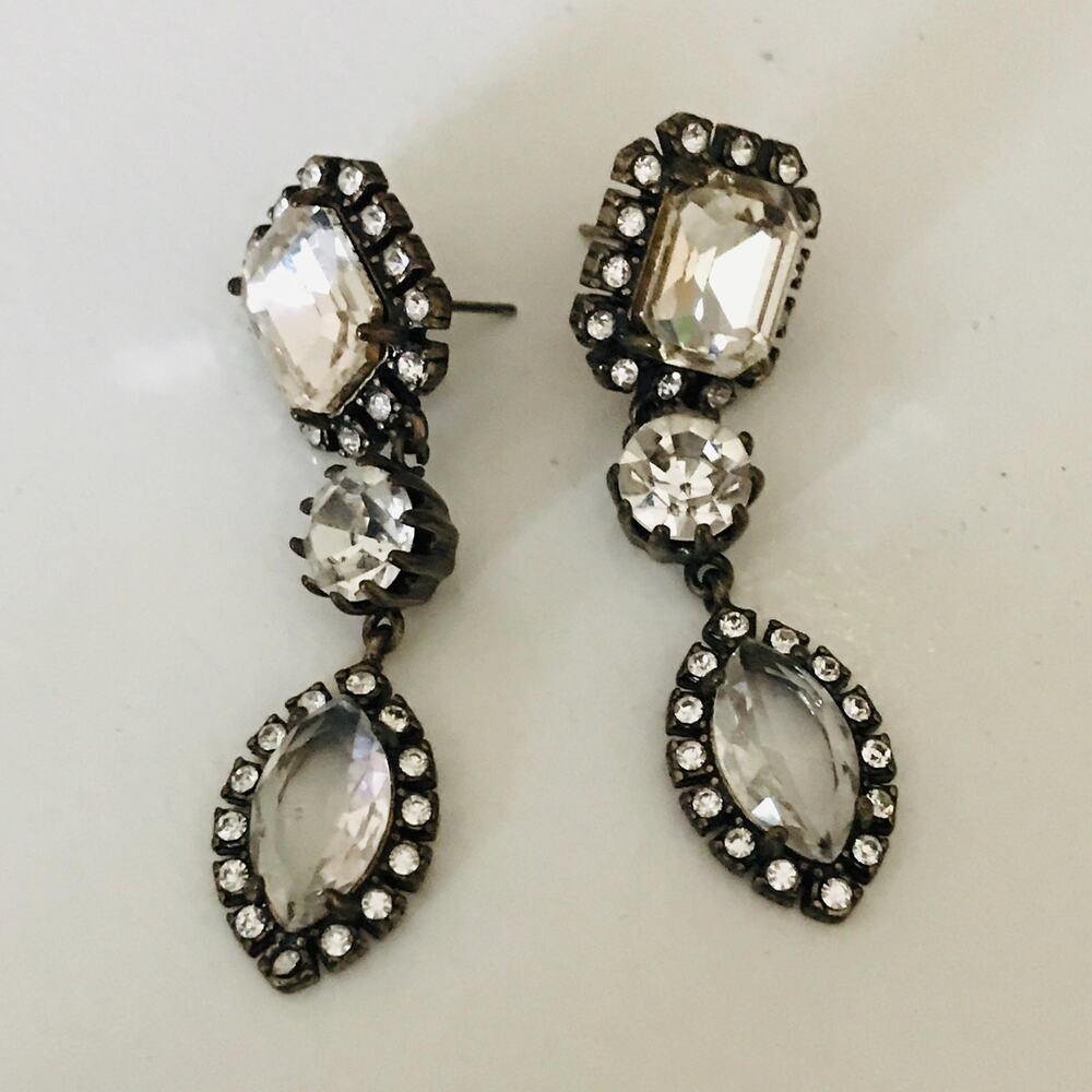 J. Crew Three Tier Drop Earrings: Clear Stones- Dark Antique Gold Tone metal